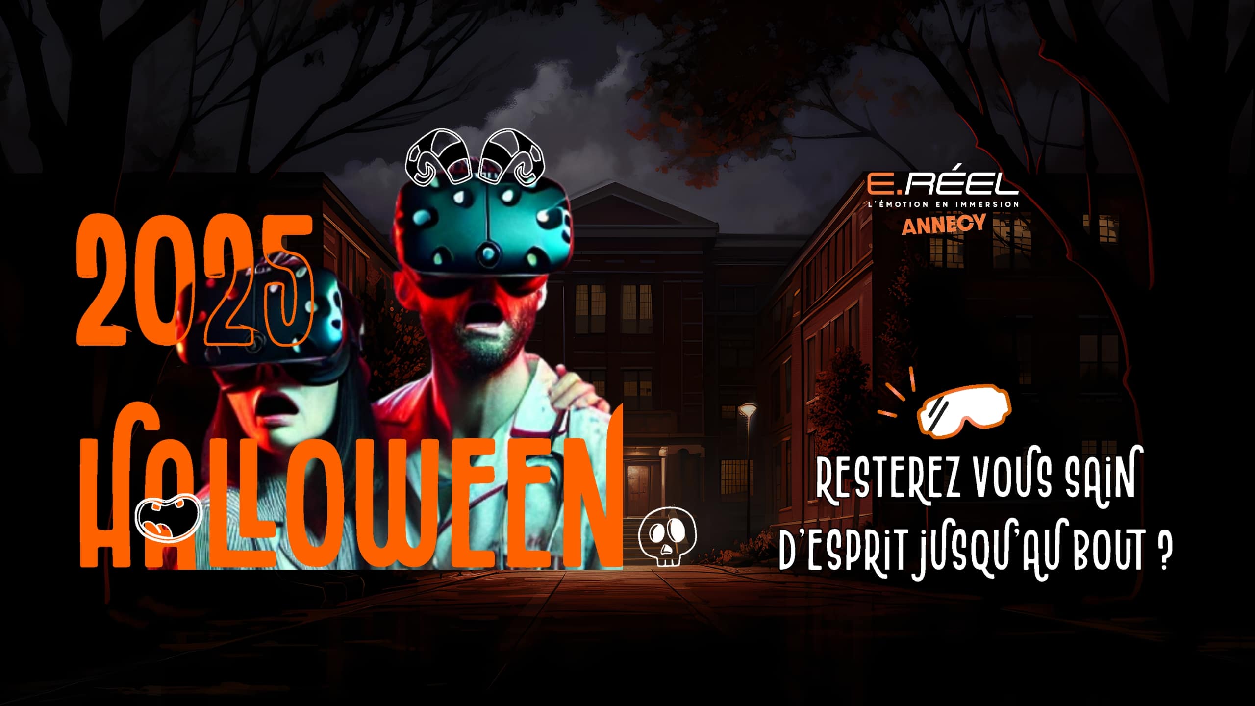 Décor Halloween eREEL Annecy avec casque VR et ambiance lumière orange